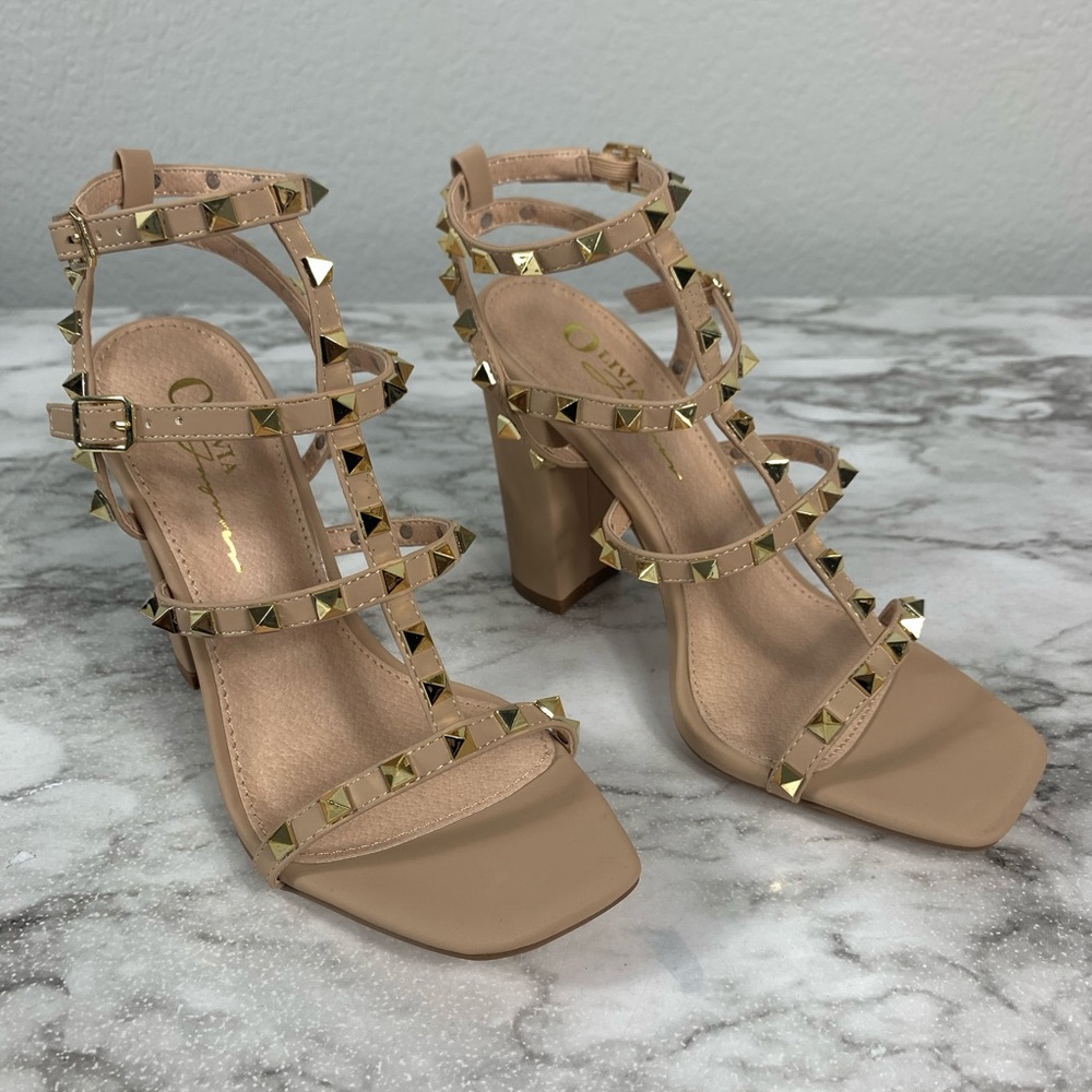 Olivia Ferguson Nude Nubuck Stud Open Toe Heels - Picture 6 of 6